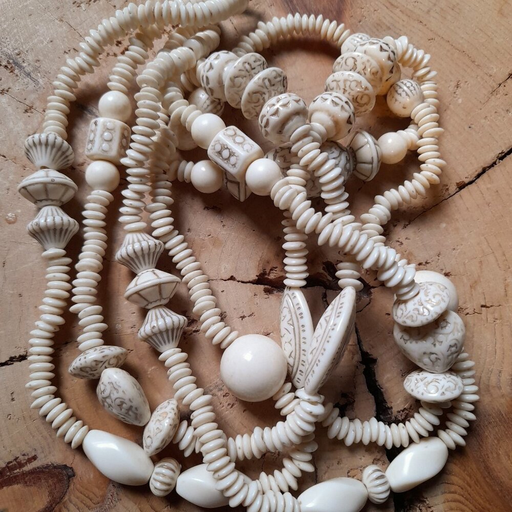 Faux Carved Necklace Plastic Beads Double Strand